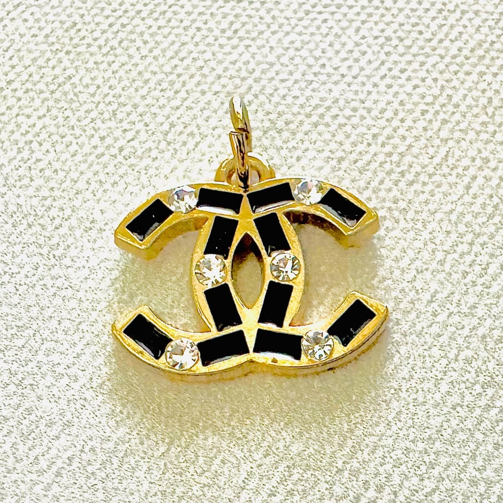 Chanel Black, Gold & Crystal Pendant, Authentic Charm, Double CC Logo, Upcycled